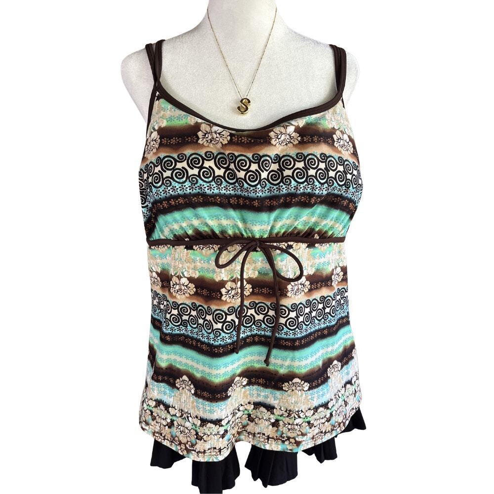 Boho Stripe Floral Tankini Swim Top Teal Brown Y2K Style Size XL